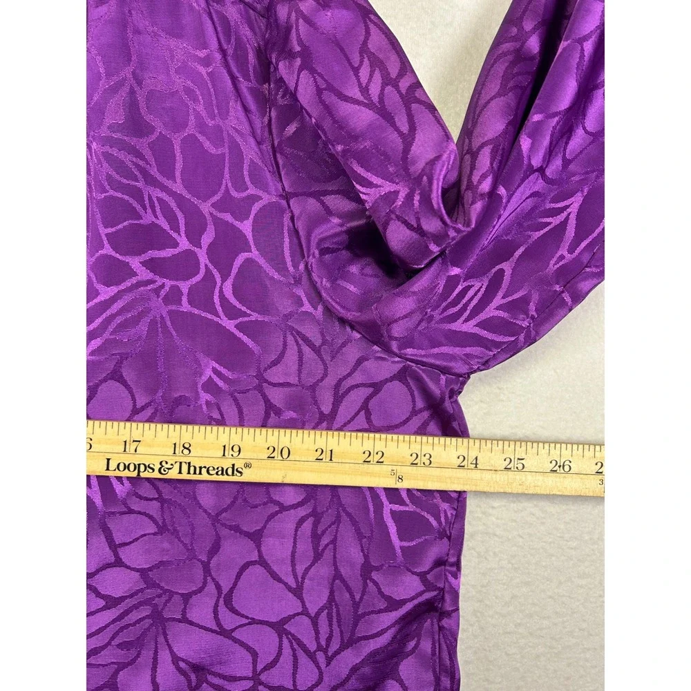 Vintage 80s Rhapsody Women 42 Purple Jacquard Floral Silky Button Up‎ Blouse Top